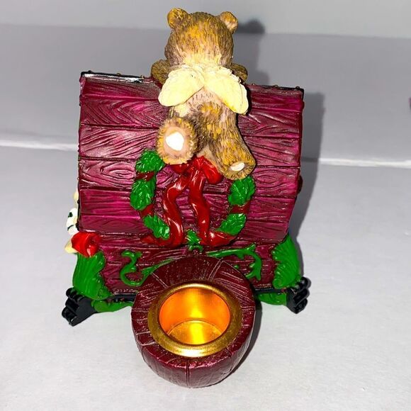 Vintage Three Angle Bears Inside Of A Red And Green Toybox W Candlestick Holder - Picture 4 of 8
